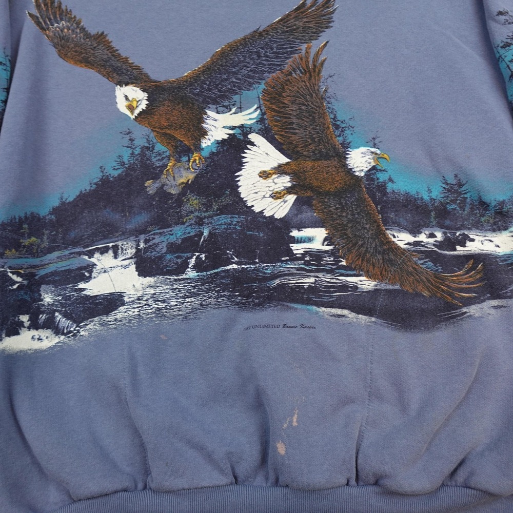 Vintage Bald Eagle Wrap Around Sweatshirt Mens Large Blue Fleece AOP - Picture 4 of 12